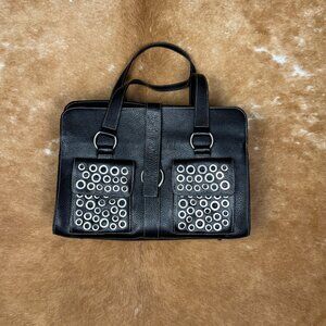Furla Black Leather Grommet Satchel Bag Made in Italy, Pebbled Leather Tote with
